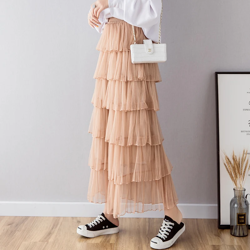 

Ladies Elegant Fashion Mesh Pleated Long Black Skirt Women Clothes Girls Korean Cake Skirts Chic Casual Faldas Largas Py1001-1