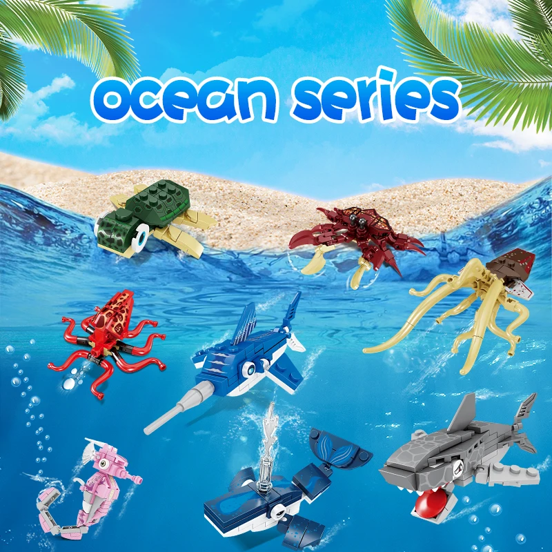 Ocean World Series Mini Model Building Blocks Aquarium Sea Turtle Shark Blue Whale Assembly Bricks Toys Children Christmas Gifts