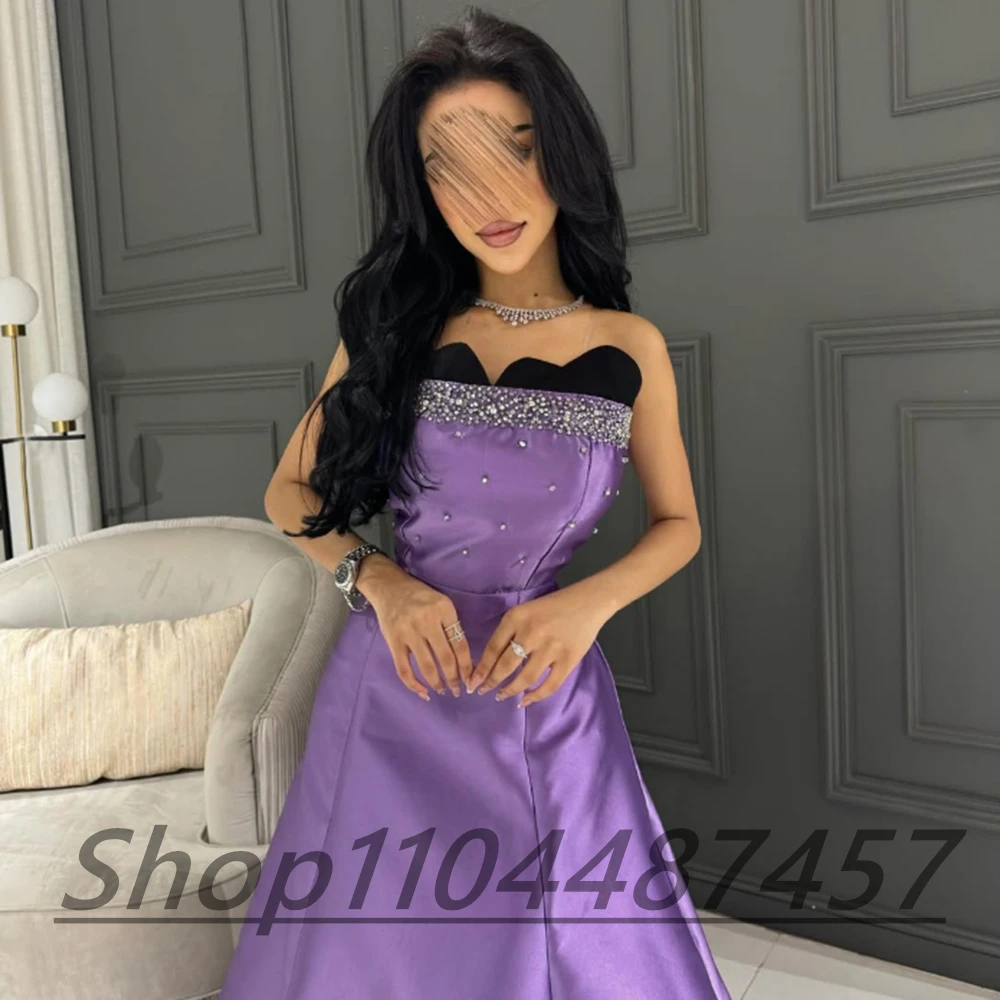 Customized Purple Strapless Satin Evening Dress For Women Crystal Backless Sleeveless A-line Ankle Length Party Prom Gown