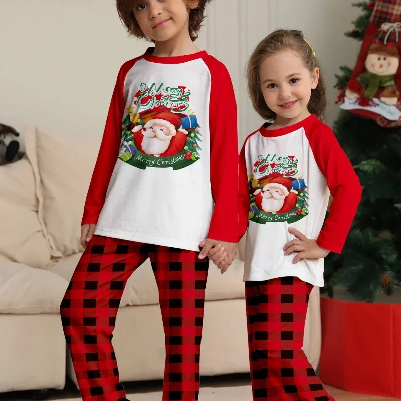 Family Matching Pajamas Outfits Christmas Cartoon Santa Claus Print Home Suit 2pcs Loose Plaid Halloween Parent Child Set H203