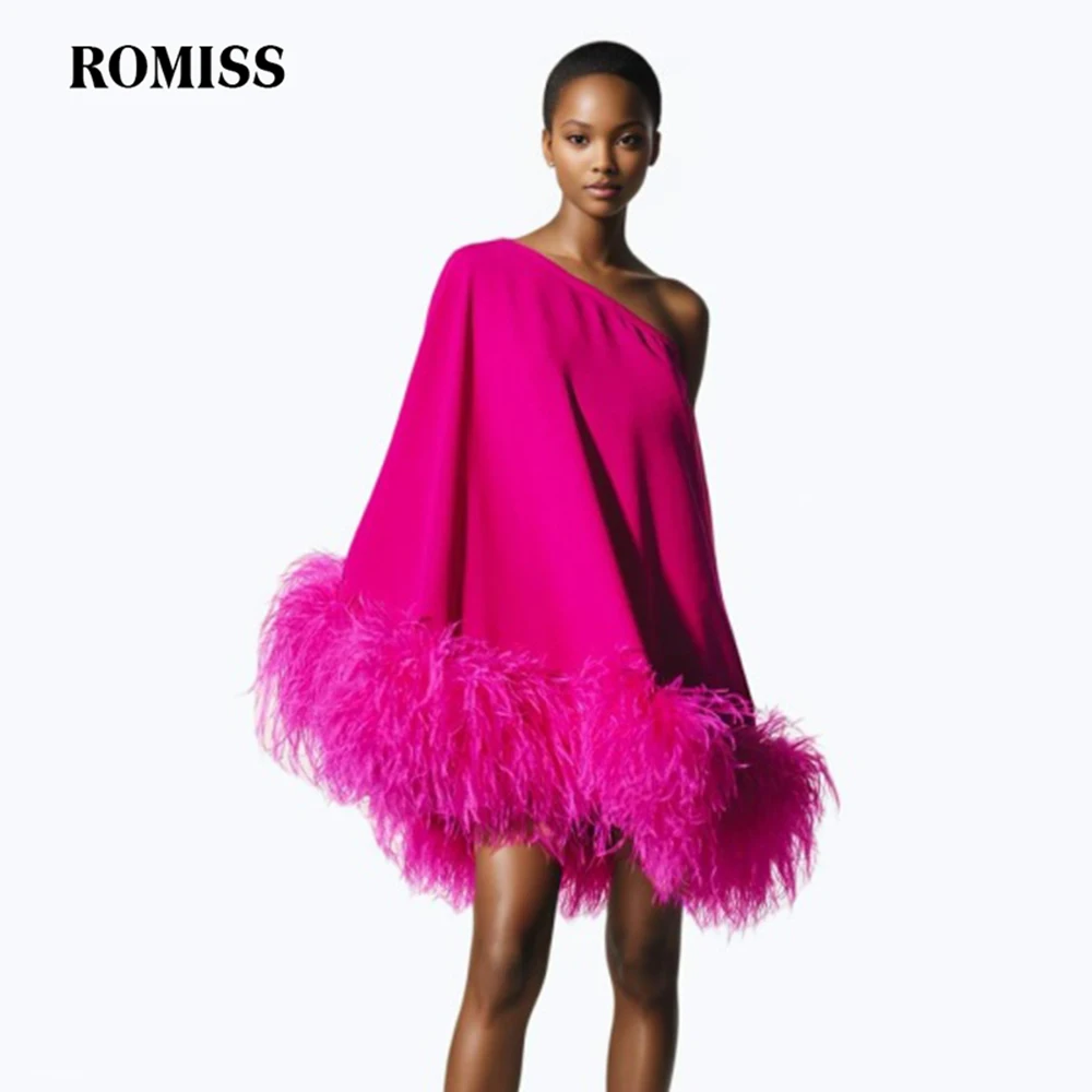 

ROMISS Asymmetrical Solid Dresses Women Diagonal Collar Long Sleeve Off One Shoulder Loose Spliced Feathers Mini Dress Female