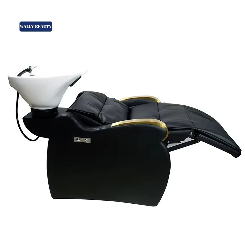 Salon Equipment Ceramic Bowl Electric Backwash Sink Gold Shampoo Chair