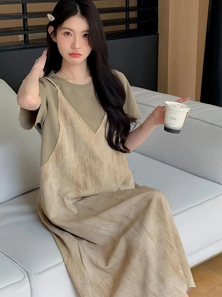 

plus Size 300 Pou Korean Sle Splice Strap Dr Summer Thin ort Sve Materni Faionable Versatile Midi Dr