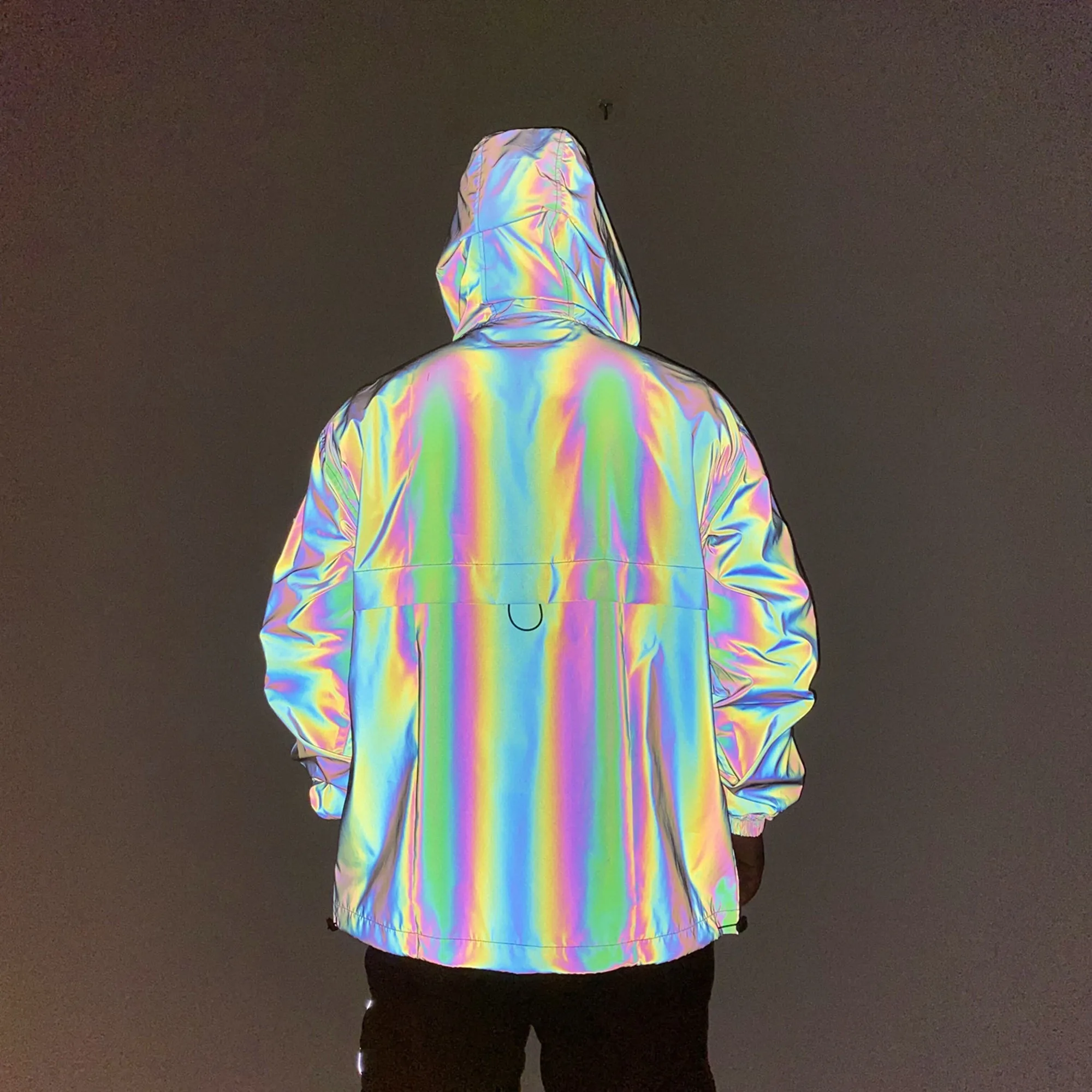 Chaqueta de carga colorida reflectante holográfica para hombre, jersey con capucha y media cremallera, cortavientos, abrigo arcoíris, 2023