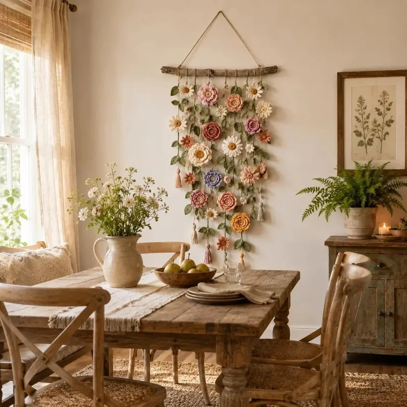 New Boho Handmade Cotton Floral Crochet Macrame Hanging Decoration for Wall Indoors Or Porch Natural Linen Look Mellow Ambiance