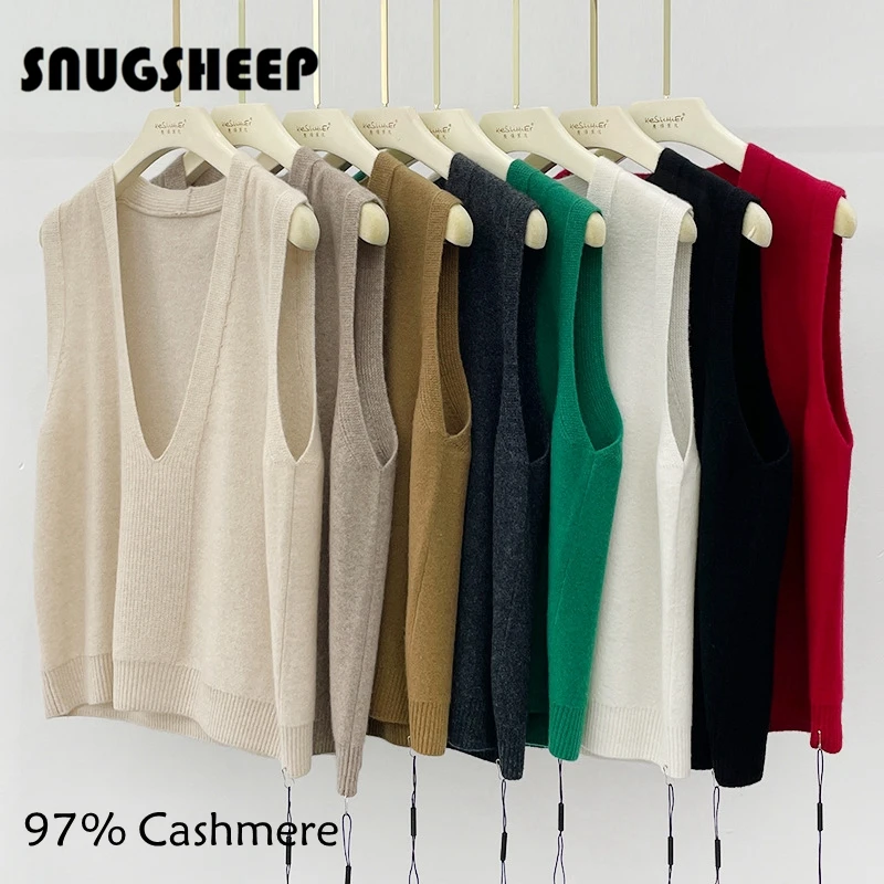 97 cashmere vest women v neck sweater gilet fashion basic green knit top womens winter black clothes sweaters vintage style cute