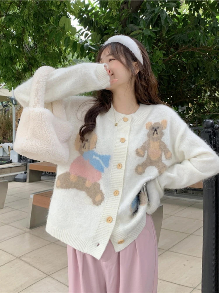 KOSAHIKI Girl Kawaii Bear Cardigan Sweater Top Women Loose Knitted  Coat Korean Fashion Harajuku Streetwear Jumper Jacket