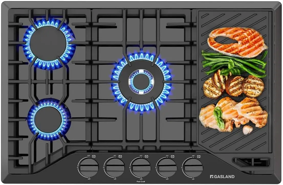 30 Inch Gas Cooktop with Griddle Black, GASLAND Chef PRO GH3305EF Gas Stovetop with 5 Burners, Reversible Cast Iron Grill