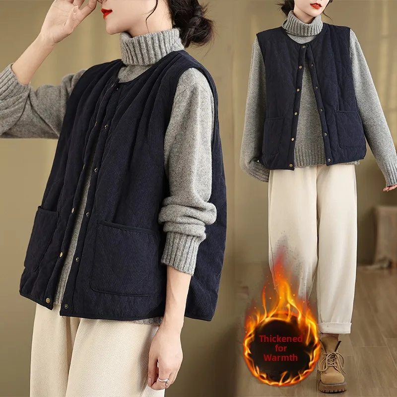 

Retro Corduroy Cotton Vest Women's Autumn Winter Sle Warmthl Svel ort Coat Thiened Cotton Commute Sle Pure C...