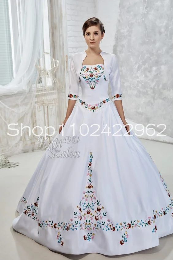 Matte Stain National Wedding Dresses with Bolero Strapless Kalocsa Embroidery Puffy Skirt Outdoor Country Bridal Gown