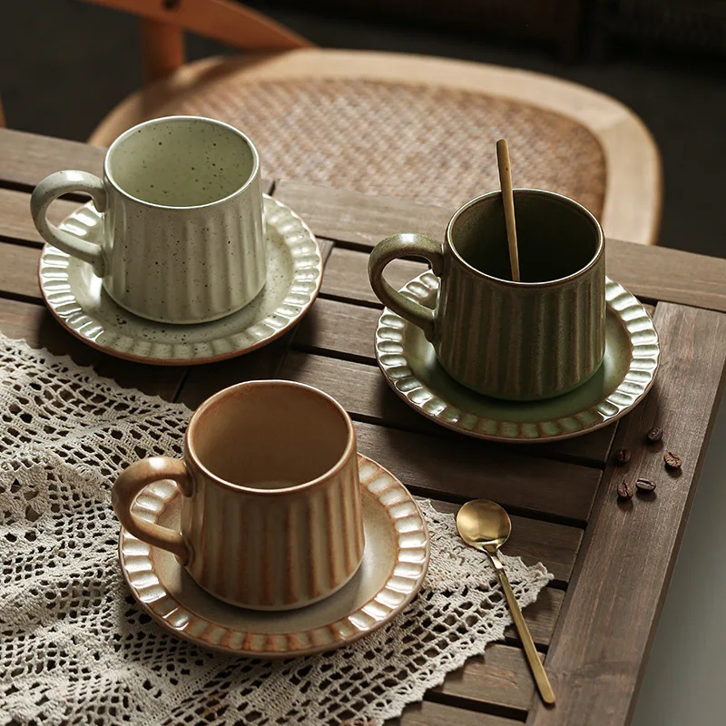 300ML Japanese Retro Rough Pottery Mug Unique Ceramic Office Coffee Cup Dish Set Home Creative Vertical Pattern Brewing Tea Cup