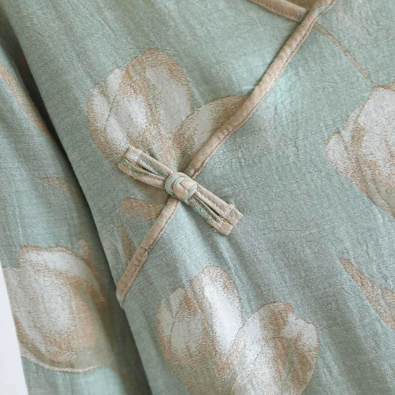 Chinese-style Yarn-dyed Pure Cotton Nightgown Women's Thin Gauze Loungewear Autumn Retro Long-sleeved V-neck Loose Sleep Dress