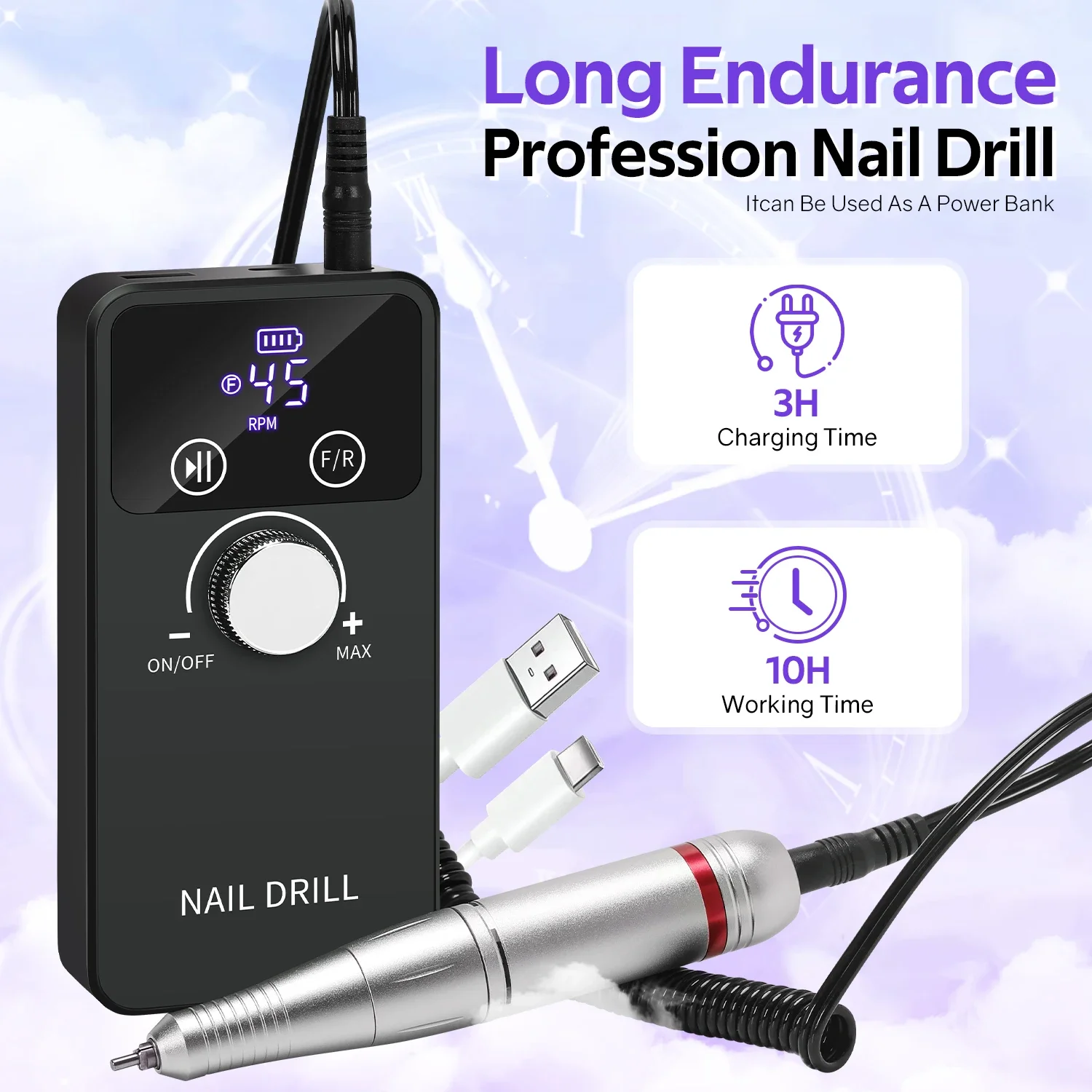 45000RPM Rechargeable Nail Drill Machine With LCD Display Low Noise Professional Nail Polish Sander for Manicure Nail Equipment