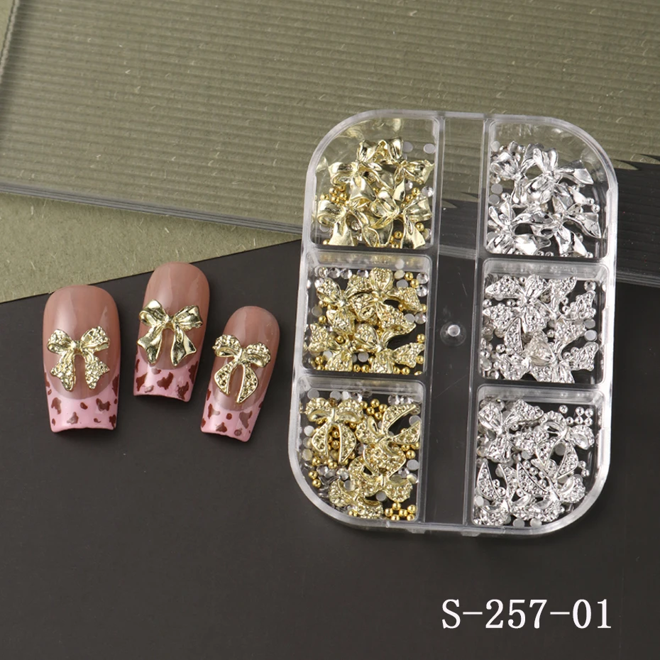 6-Gürtel, goldene, silbrige Metallschleife, Knoten und Stern, Nageldekoration, niedliche Schleife, Punk-Stern mit kleinem Stahlkugel-Design, DIY-Nageldekoration – Detail 9