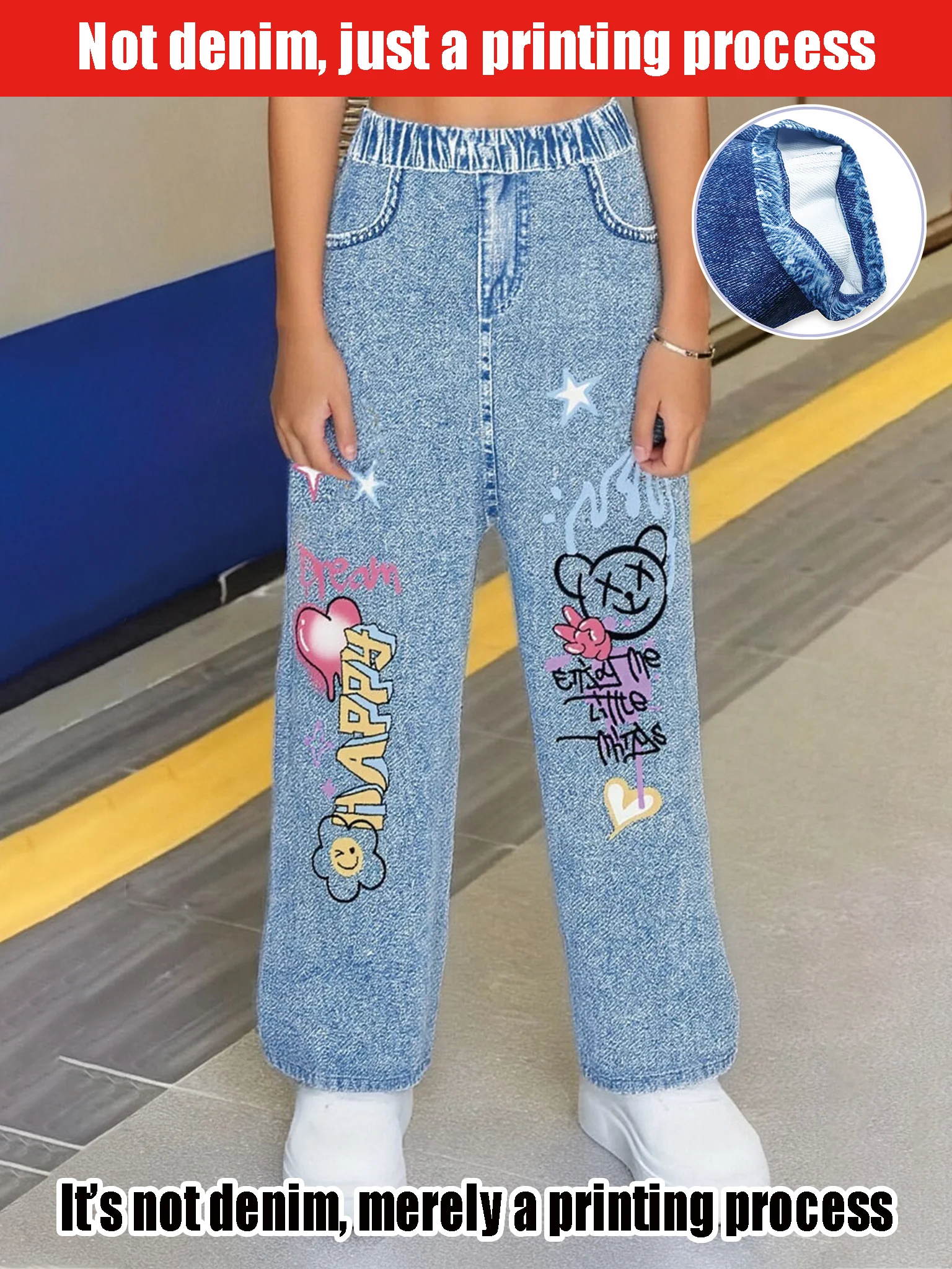 

2025 Girls Fashion Cartoon Alphabet Fun Print - Kids Fashion Casual Imitation Denim Trousers