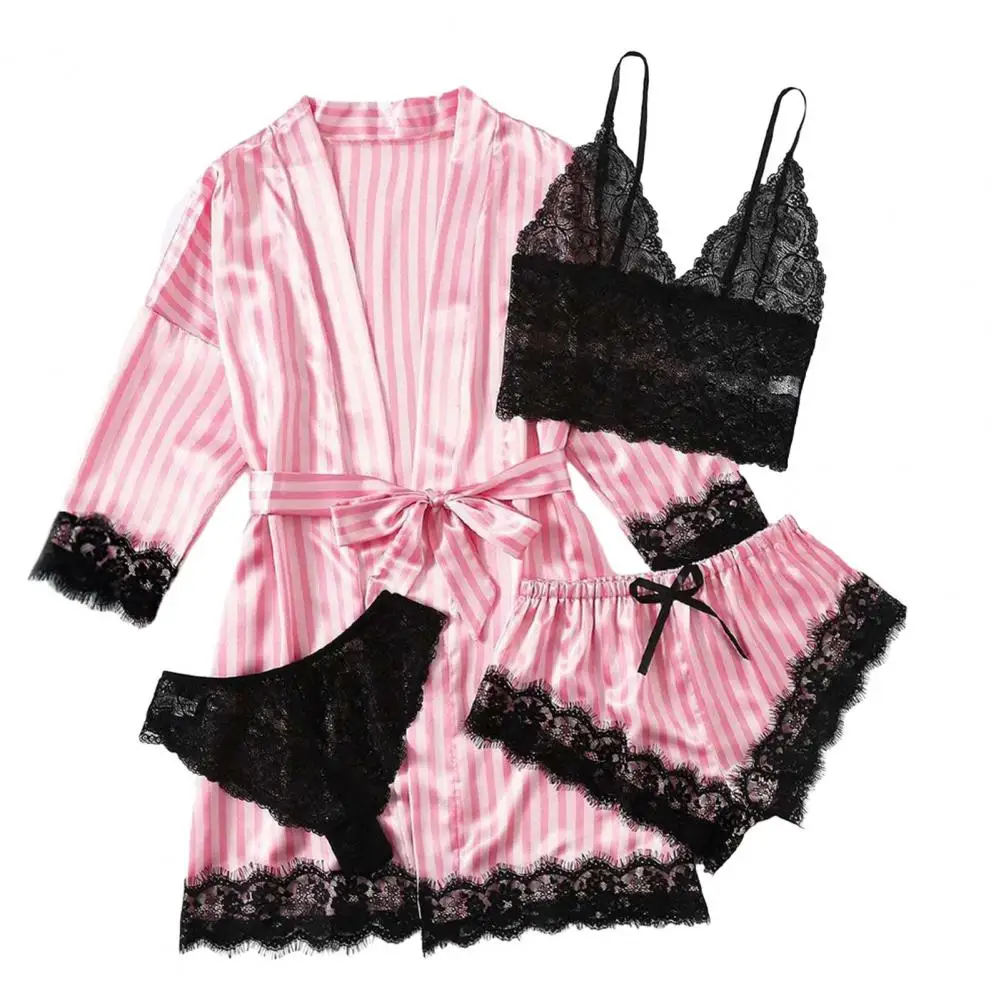 High-end Women Pajama Set Women\'s Lace Striped Satin Pajama Set with Long Sleeve Robe Vest Shorts Soft Belted Sleepwear with Bow