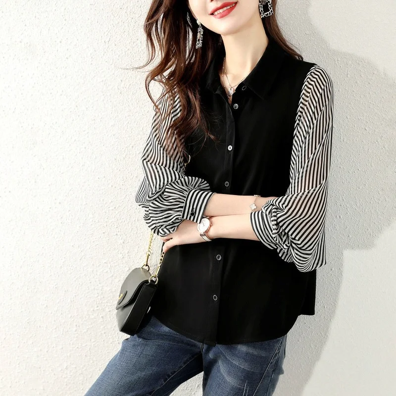 Shirts Women Striped Popular Tops All-match Fashion Korean Casual Simple Female Retro Baggy Long Sleeve Clothing Elegant New Ins