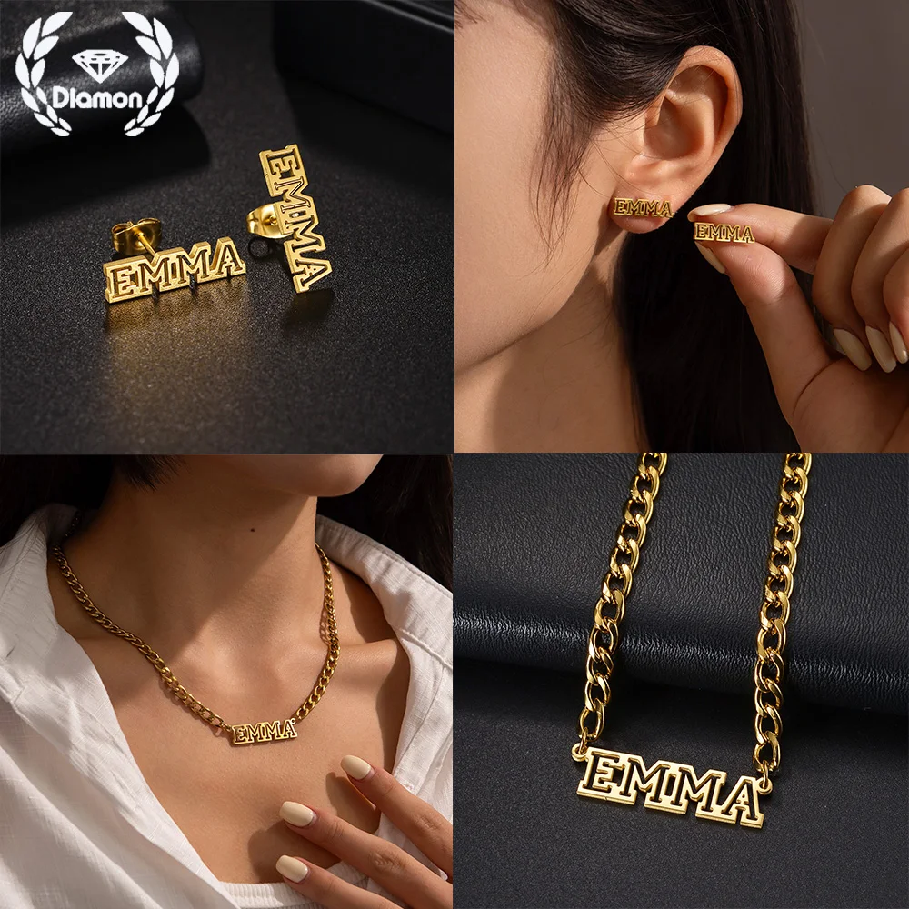 الماس مخرمة مجموعة المجوهرات الأولية مخصص إلكتروني قلادة أقراط الفولاذ المقاوم للصدأ هدية للأزواج هدايا شخصية له