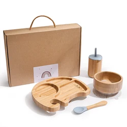 Vajilla de madera de bambú de 4 piezas para bebé, cuenco de alimentación de elefante, plato de cena con ventosa, taza de paja, vajilla, cosas, regalo para bebé