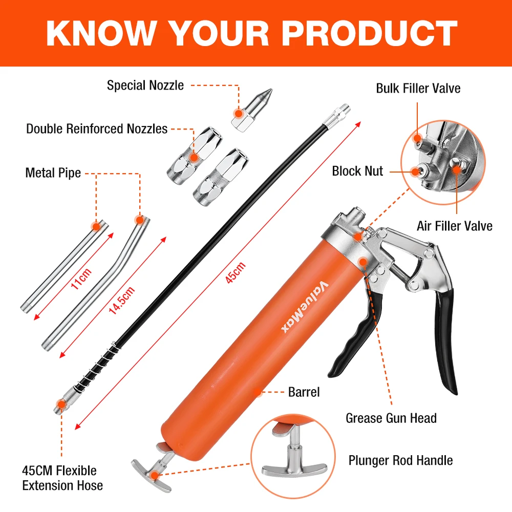 VALUEMAX 400ML Pistol Grip Grease Gun Set 6000PSI Grease Gun Syringe for Car Lubrication SUV Trucks with Flexible Extension Hose