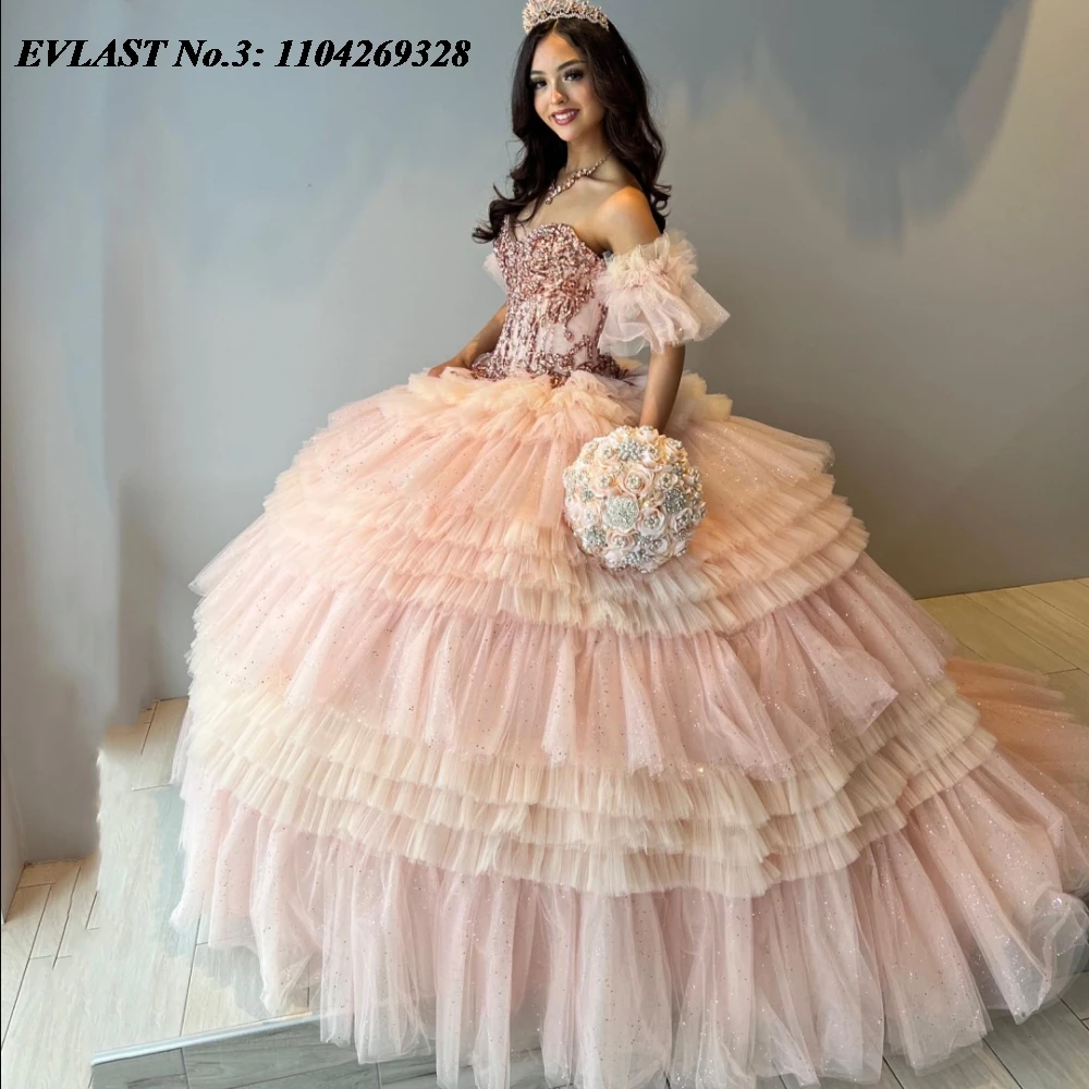 EVLAST personalizado Rosa brillante Vestido para quinceañeras Vestido De baile apliques rebordear volantes corsé dulce 16 Vestido De 15 Anos E3Q363