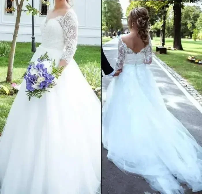 

Customized Plus Size Party Off The Shoulder 3/4 Sleeves Wedding Dress Sweep Lace A-line Bridal Gown Robe De Mariee