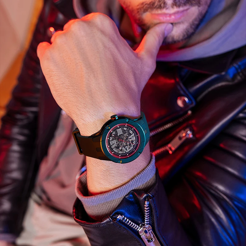 BONEST GATTI メンズ自動巻き時計 45 ミリメートル機械式腕時計サファイアガラス発光スケルトンダイヤルフッ素ゴムストラップ