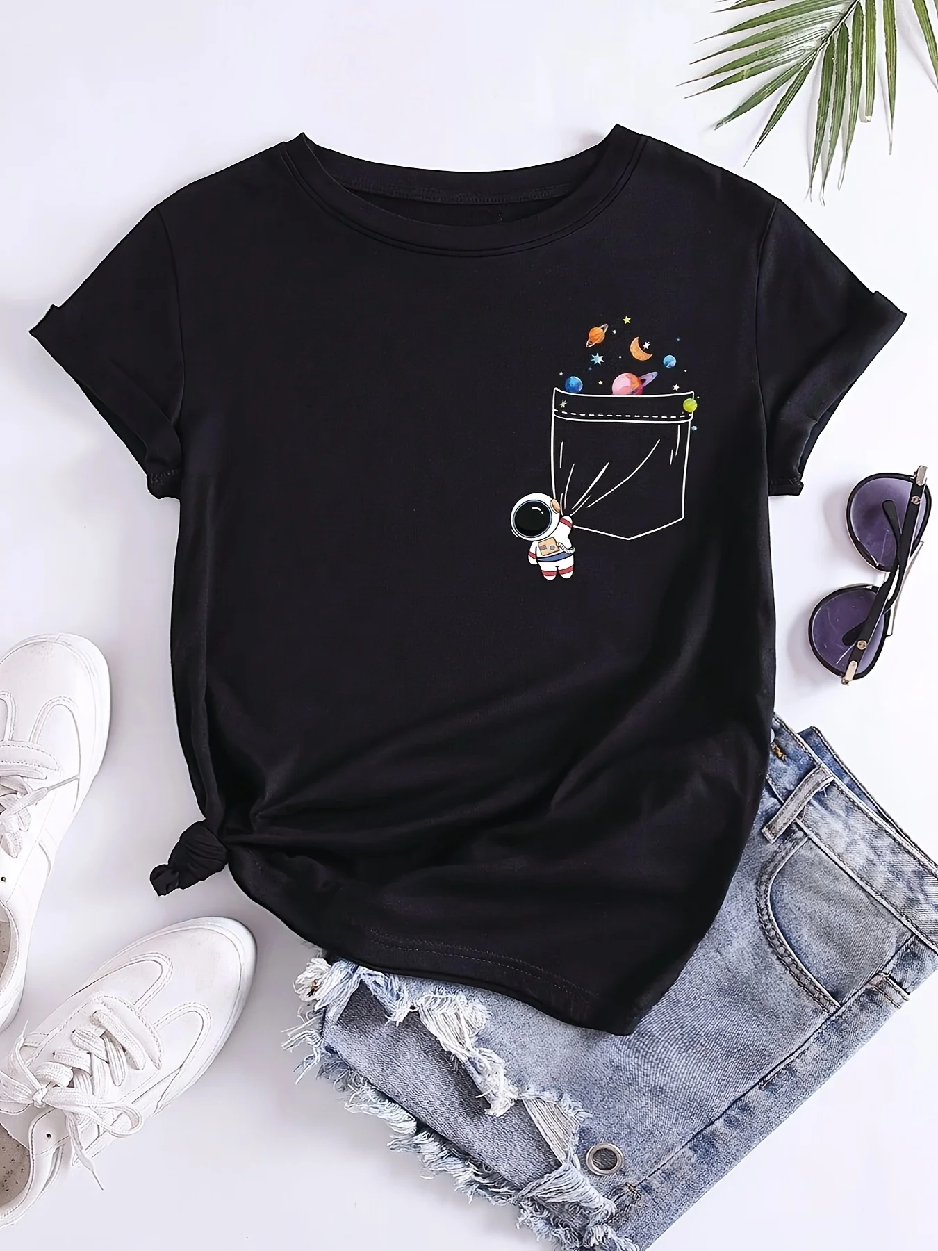 Cartoon Astronaut & Planet Print T-shirt, Short Sleeve Crew Neck Casual Top For Summer & Spring, Women's Clothing