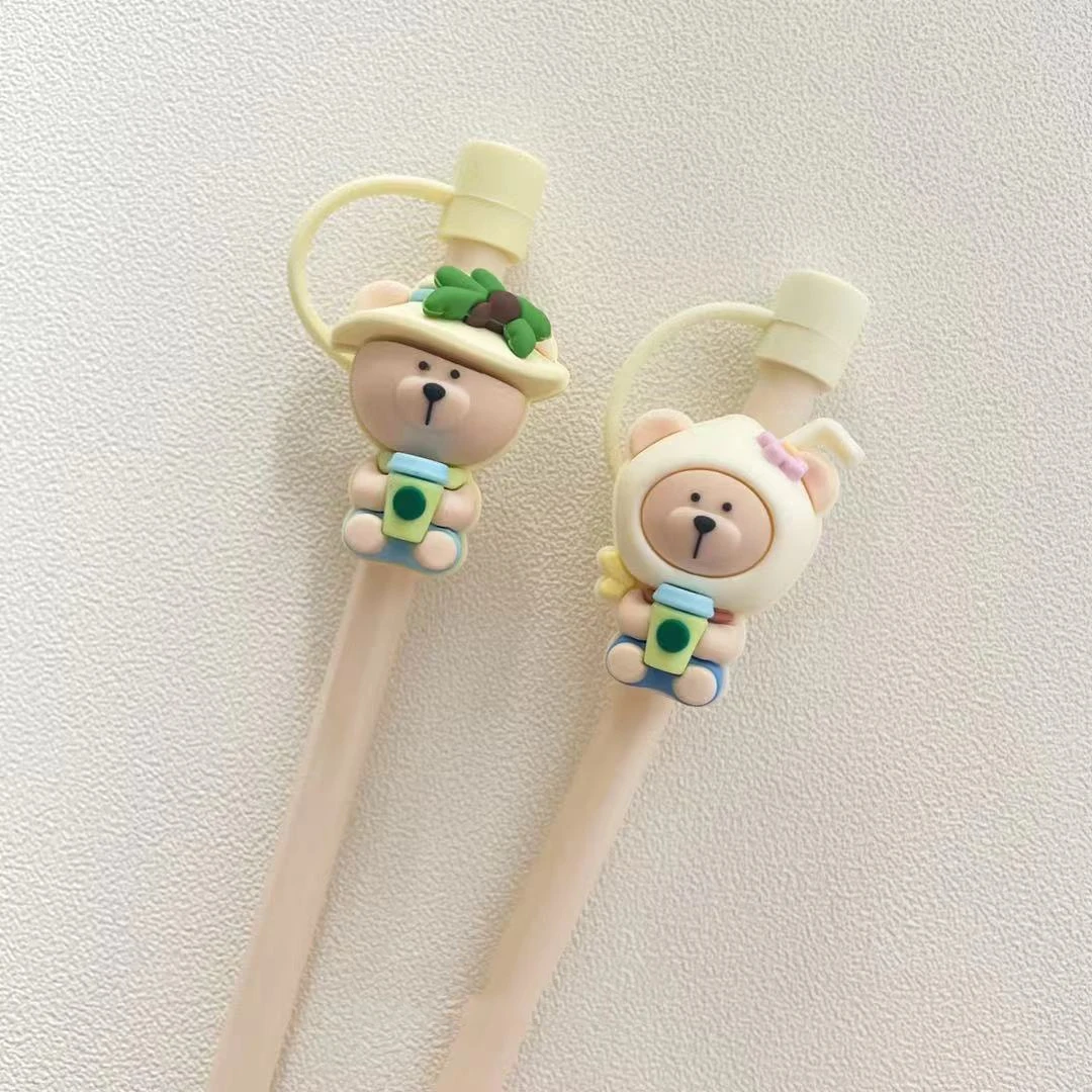Cute Cartoon Bear Silicone Straw Cap For 7-8mm Sippy Cover Dust Stopper Reusable 30oz Tumbler Decoration Water Cup Accessories
