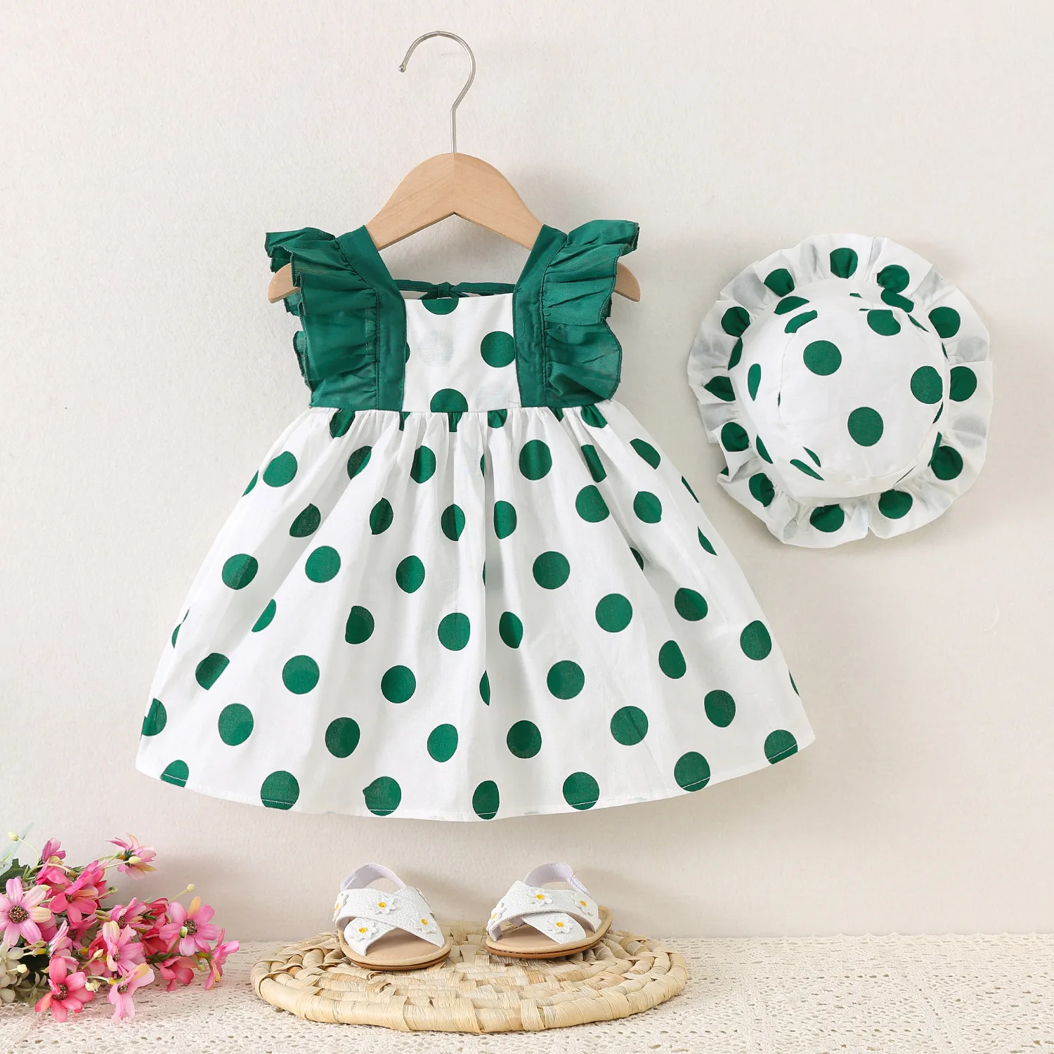 

Baby Girls Dress Summer New Hat Monochrome Full Print Polka Dot Crisscrossing Sweet Princess Dress For Girls 0-3 Years Old