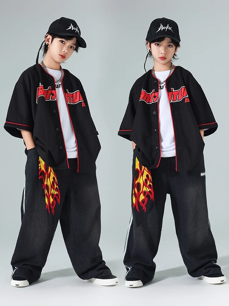 Boys Loose Street Dance Clothing Hip Hop Black Shirt Coat Pants Kids Drum Jazz Dance Costume Summer Jogger Sport Suit BL13442