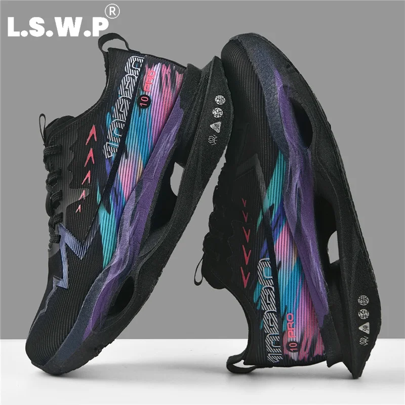 Personalized Splash-Ink Print Racing Running Shoes, Lightweight Mesh Breathable Running Shoes, Hollow-Out Cushioning Outsole Sports Shoes, Anti-Twist, Non-Slip, Wear-Resistant, Student Long-Distance Running Training Outdoor Commuting Fitness Versatile Multi-Color Lace-Up Shoes