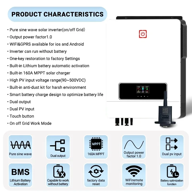 ECGSOLAX 10.2KW 48V عاكس شمسي هجين 230VAC مع وحدة تحكم شحن مزدوجة MPPT 180A PV Max 500VDC عاكس موجة جيبية نقية #6