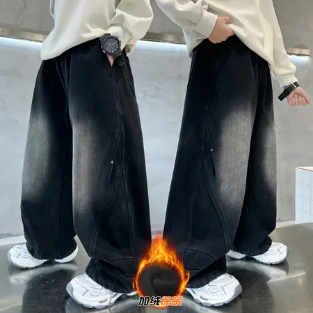 

Kids Boys Winter Warm Streetwear Gradient Jeans with Letter Fashion Child Fleece Insulated Curved Knife Denim Pants for Teenager