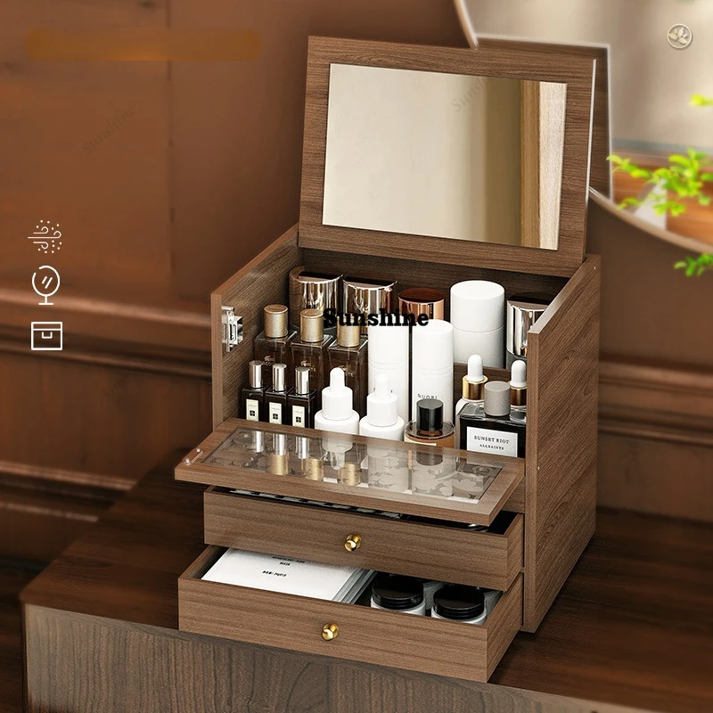Dust-Proof Organizer with Mirror Makeup Storage System Modular Skincare Trays for Countertop/Bathroom Capacity Cosmetic Case