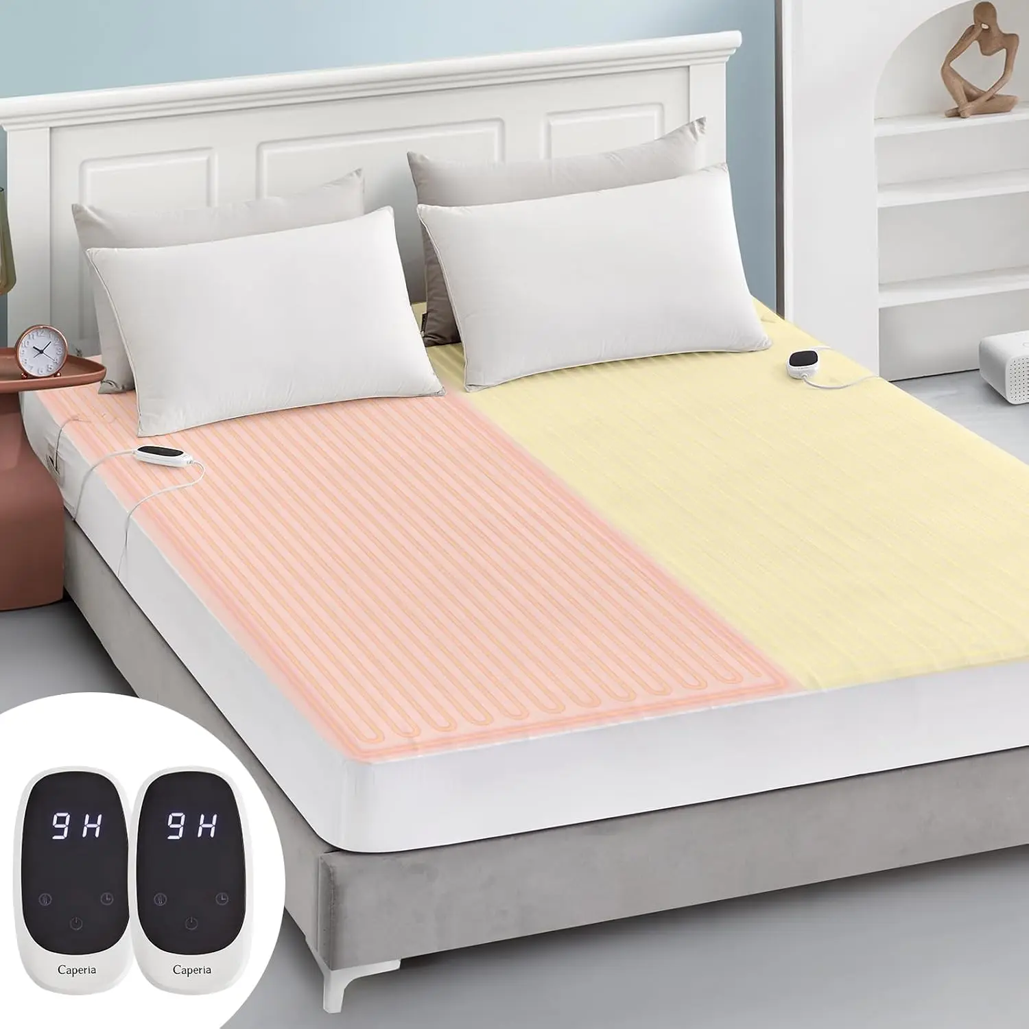 Heated Mattress Pad Queen Size Electric Mattress Dual Controller Bed Warmer 9 Heat Settings, 1-12 Hours Auto Off Memory