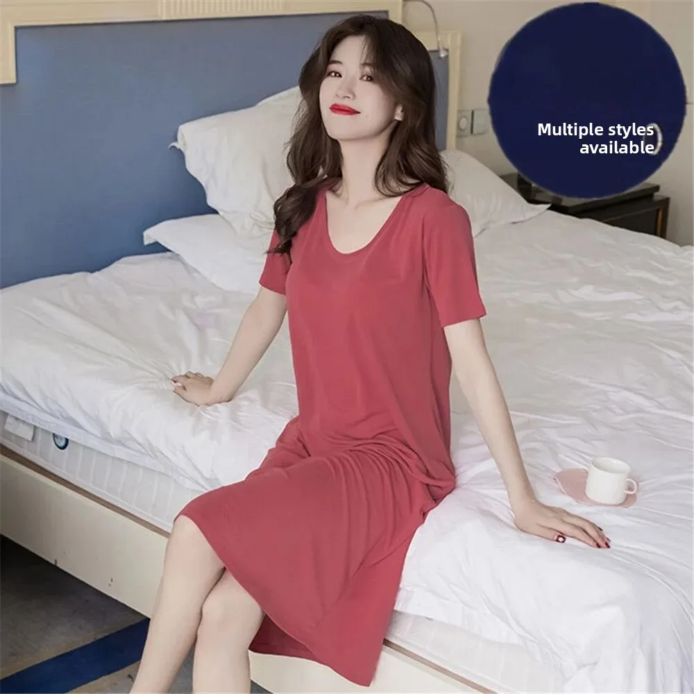Women's Summer Sleepwear Long Over-Knee Thin Modal Simulation Home Clothes Outdoor Wearable with Integrated Chest Pad