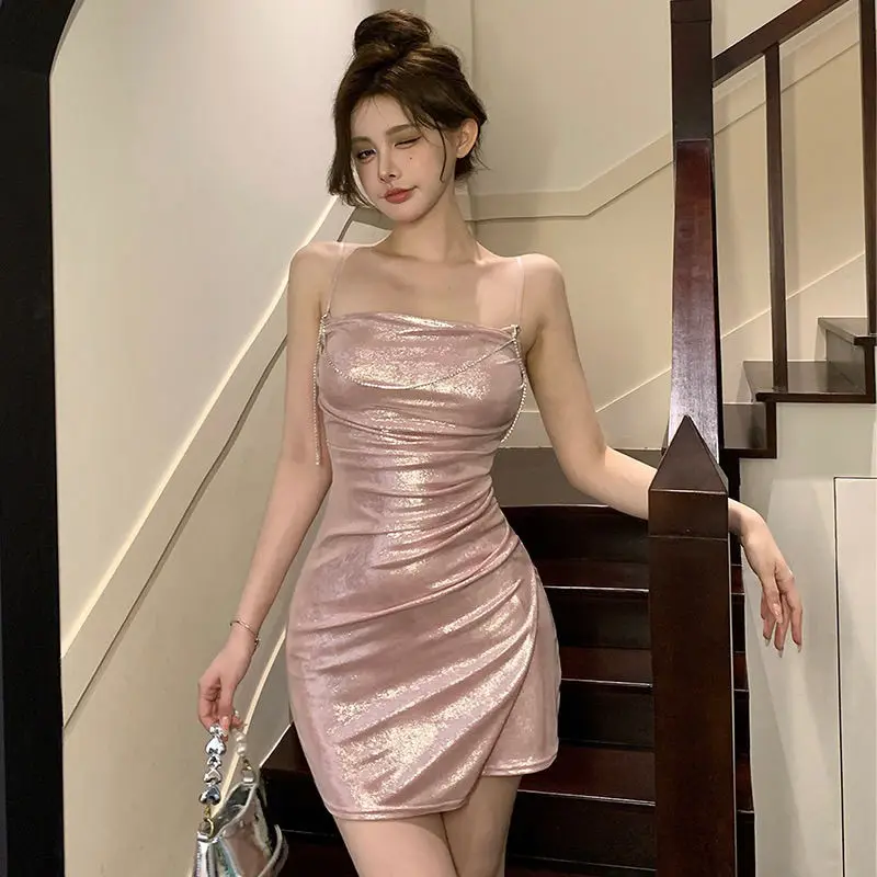 

Sexy One Line Shoulder Swinging Neck Strap Dress Sparkling Waist, Slim Wrap Hip Small Dress Children