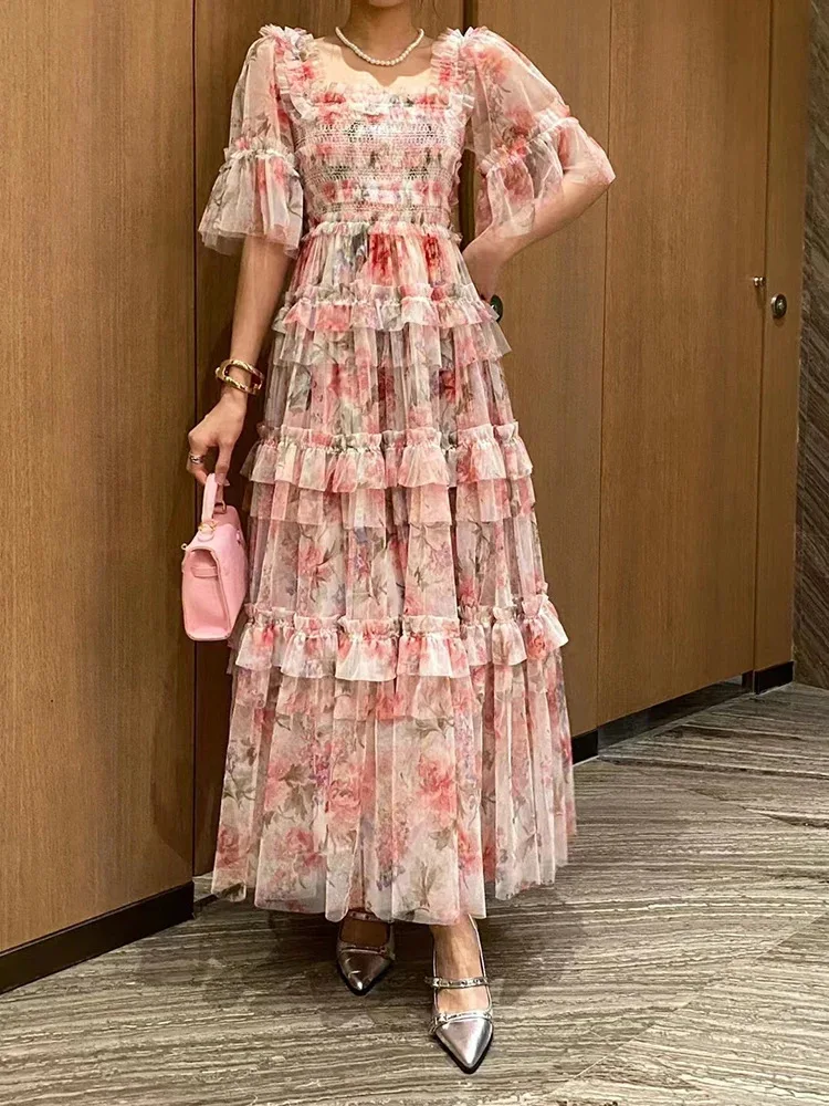 Brand Designer Floral Tulle Wedding Prom Dress Women Summer Holiday Short Sleeve Layer Ruffles Cake Dresses Long Maxi Vestidos