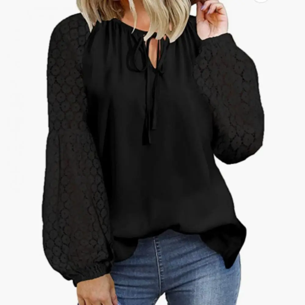 Lightweight Shirt Round Neck Lady Top Chic Lace Patchwork Blouses for Women Hollow Out Long Sleeve Shirts with for Spring