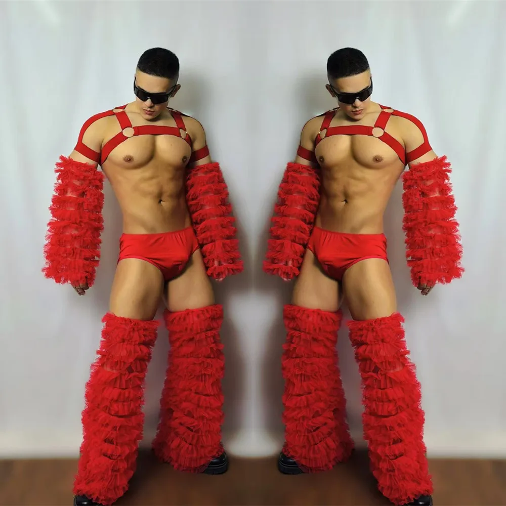 男性ダンスチーム ナイトクラブ バー DJ ゴーゴー衣装 フェスティバル クラブ パーティーショー セクシー レイブ衣装 レッドガーゼセット 大胆なステージ衣装
