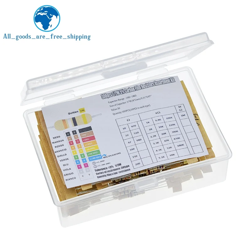 TZT 300pcs 30value Rang 10ohm-1Mohm 1/2W 5%  Metal Resistors Assortment Kit Set 30 Values Resistors