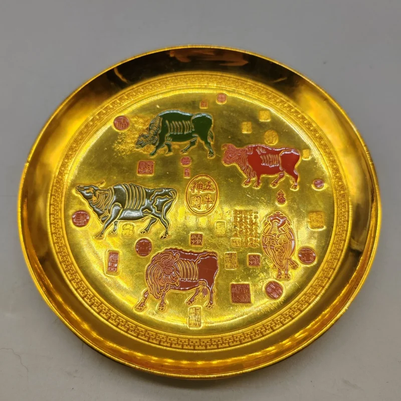 

Antique Pure Copper Painted Five Cattle God Picture Plate Ornaments Made in Years of Qian Long Emperor of Qing Dynasty Crafts Go