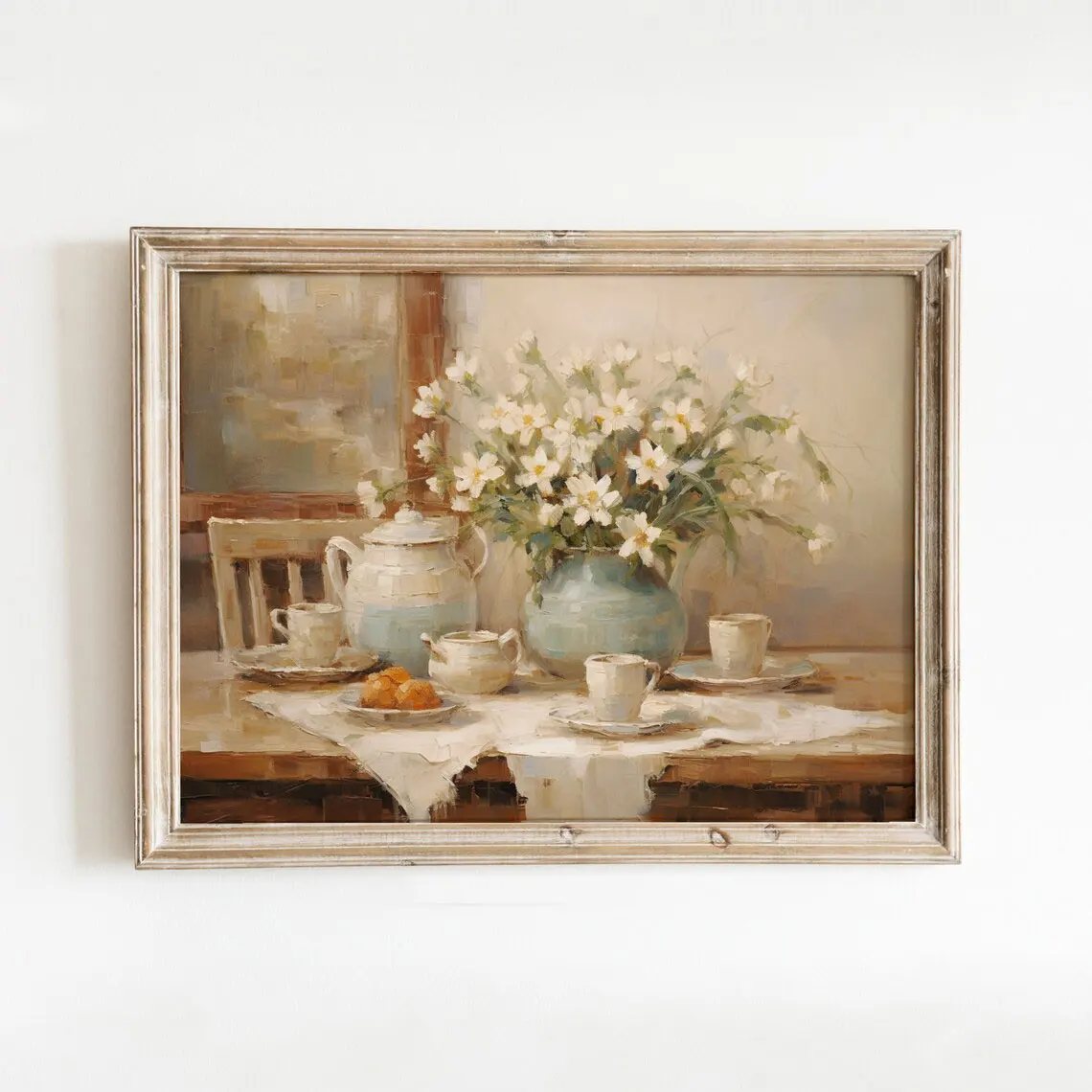Tea Table Still Life Oil Wall Decor Print - Perfect Gift for Cottage & French Country Home Stylists, Tea Lovers, or anyone furn