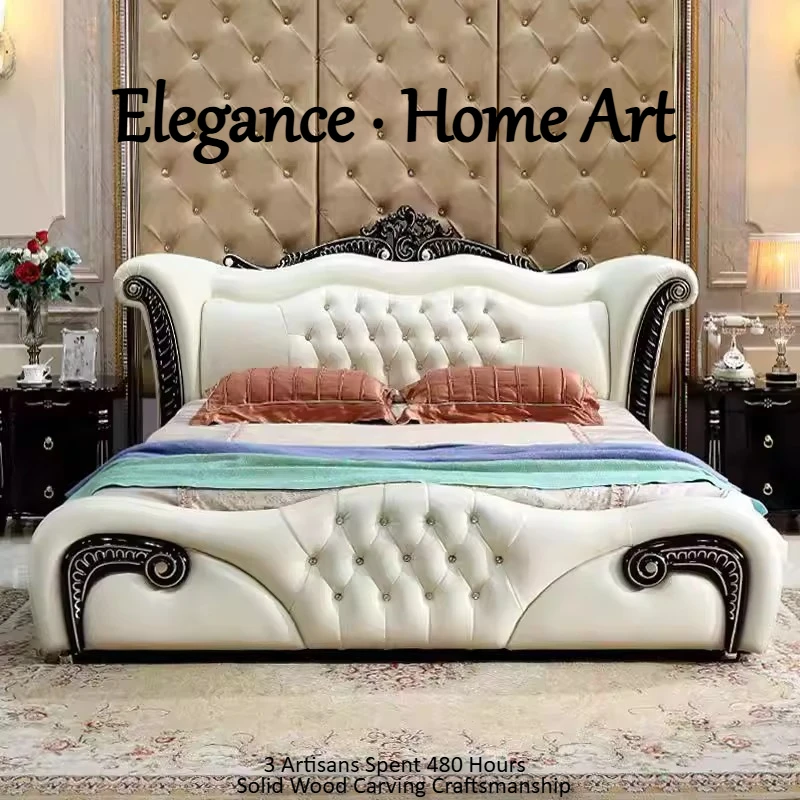 

Top-grain Leather Double Bed Cream Style Soft Backrest Headboard Bed 2 People Bedside Table With Drawers Bedroom Furniture Sets