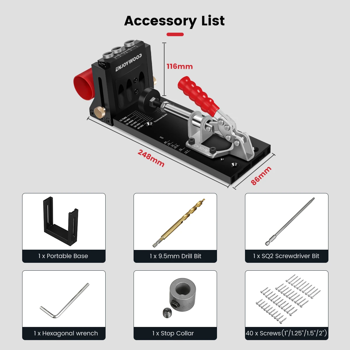 Imagem -06 - Enjoywood-inclinado Buraco Doweling Jig Bolso Buraco Jig Kit Guia de Broca para Furos Angulares Broca Carpintaria Xk4 95 Milímetros