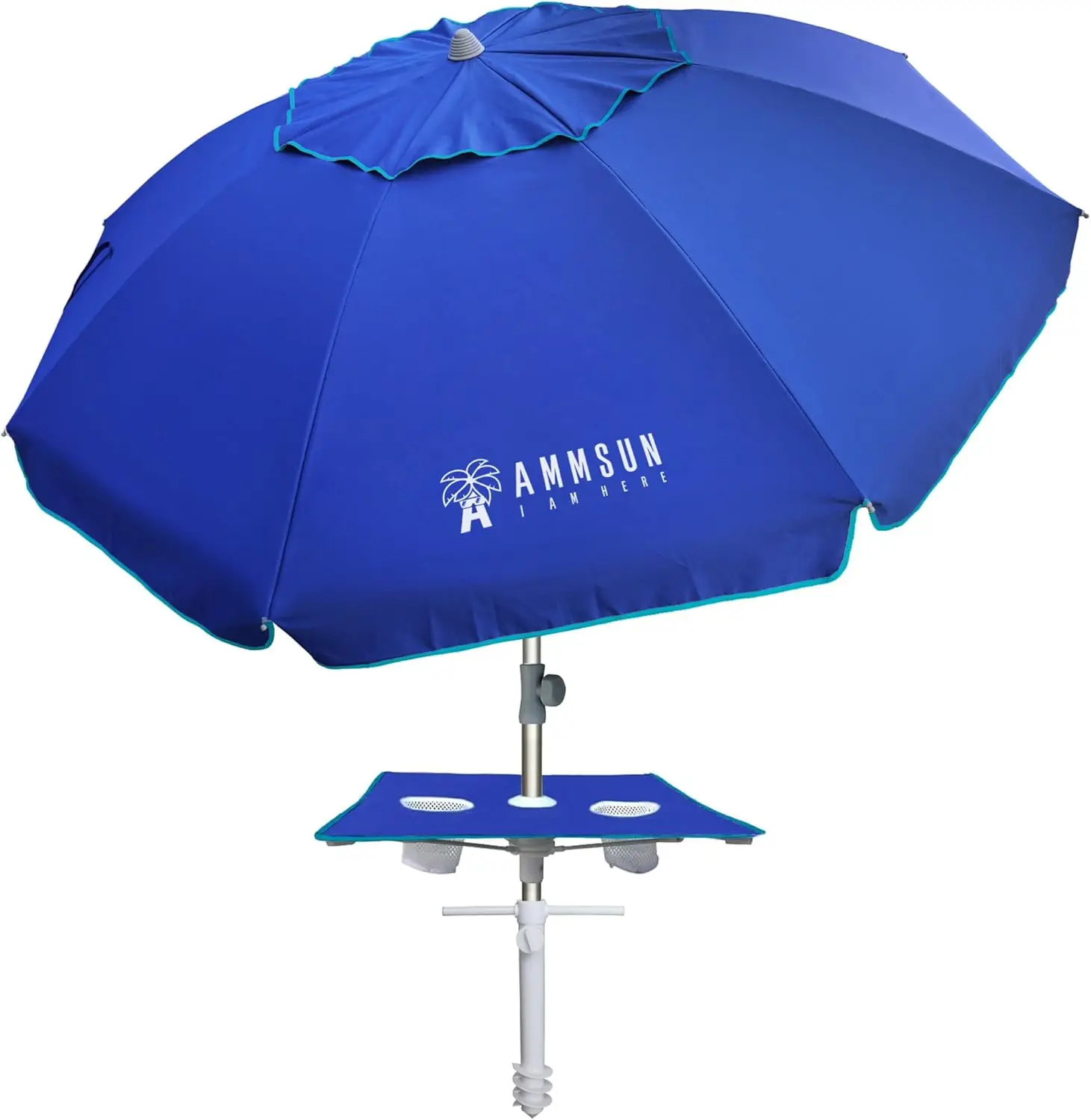 

7ft Heavy Duty High Wind Beach Umbrella with sand anchor, Built-in Table Tray Vent Tilt Pole, UPF 50+ Windproof Portable Outdoor