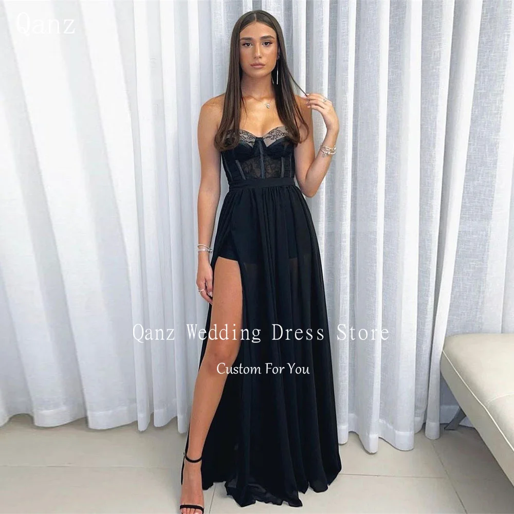 

Qanz High Slit Evening Dresses Strapless Long A Line Chiffon Vestido De Noche Black Sexy Lace Corset Back Prom Dresses 2024