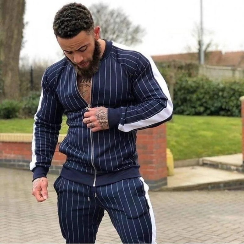 Fashion Man Clothing Striped Zipper Tracksuit Fashion Sets Sportwear Athletic Sets