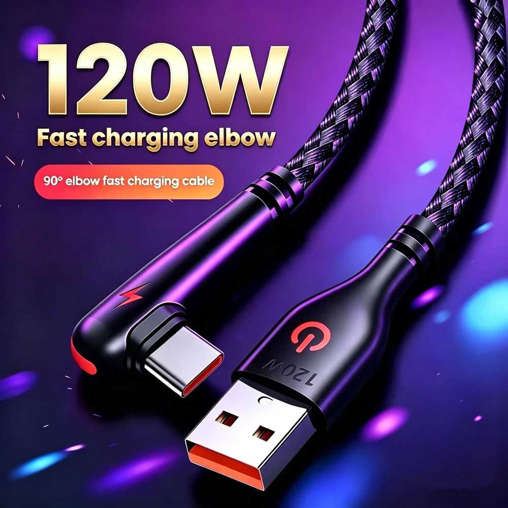 

90° Elbow Super Fast Charging USB Type-C Cable For Xiaomi Redmi POCO Huawei Honor Quick Charge Braided Cable For iPhone 15 16 17